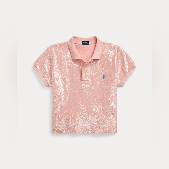 Polo by Ralph Lauren Sequined Crop Mesh Polo Shirt in Pink Size XS - Picture 2 of 6